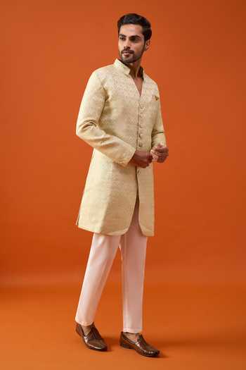 Shop_Arihant Rai Sinha_Green Brocade, Viscose, Polyester Sherwani And Trouser Set _Online_at_Aza_Fashions