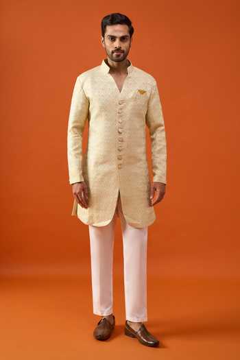 Arihant Rai Sinha_Green Brocade, Viscose, Polyester Sherwani And Trouser Set _at_Aza_Fashions