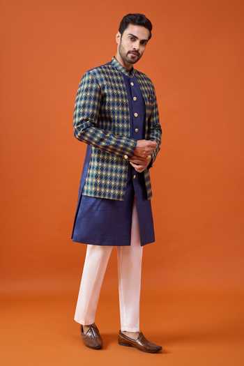 Buy_Arihant Rai Sinha_Blue Silk, Jacquard, Polyester, Viscose Layered Sherwani Set _Online_at_Aza_Fashions