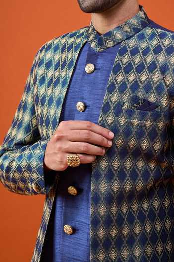 Shop_Arihant Rai Sinha_Blue Silk, Jacquard, Polyester, Viscose Layered Sherwani Set _Online_at_Aza_Fashions