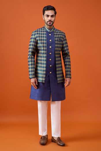 Arihant Rai Sinha_Blue Silk, Jacquard, Polyester, Viscose Layered Sherwani Set _at_Aza_Fashions