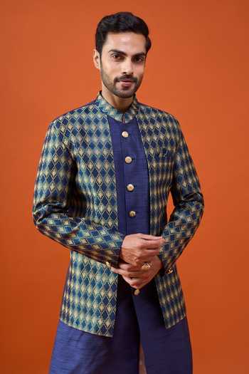 Buy_Arihant Rai Sinha_Blue Silk, Jacquard, Polyester, Viscose Layered Sherwani Set 