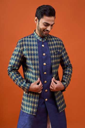 Shop_Arihant Rai Sinha_Blue Silk, Jacquard, Polyester, Viscose Layered Sherwani Set 