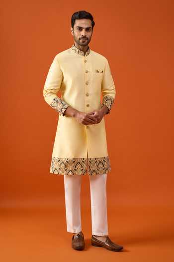 Buy_Arihant Rai Sinha_Yellow Silk, Viscose, Polyester Placed Floral Pattern Sherwani Set _Online_at_Aza_Fashions