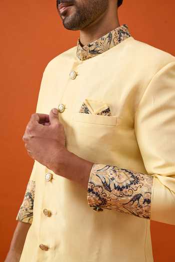 Arihant Rai Sinha_Yellow Silk, Viscose, Polyester Placed Floral Pattern Sherwani Set _at_Aza_Fashions