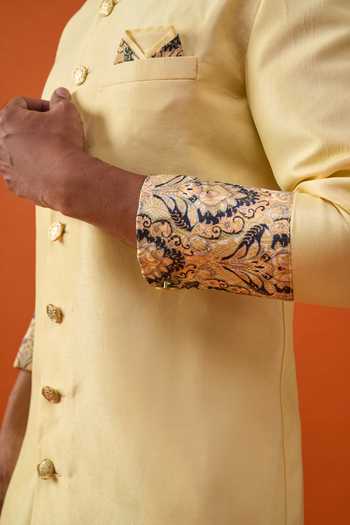 Buy_Arihant Rai Sinha_Yellow Silk, Viscose, Polyester Placed Floral Pattern Sherwani Set 