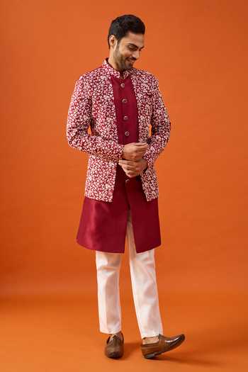 Arihant Rai Sinha Maroon Silk, Viscose, Polyester Floral Embroidered Layered Sherwani Set Online at Aza Fashions Arihant Rai Sinha_Maroon Silk, Viscose, Polyester Floral Embroidered Layered Sherwani Set _Online_at_Aza_Fashions