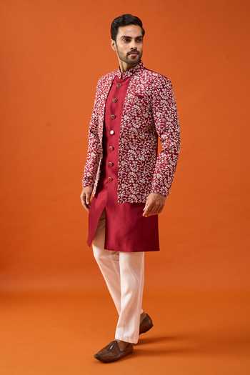 Buy Arihant Rai Sinha Maroon Silk, Viscose, Polyester Floral Embroidered Layered Sherwani Set Online at Aza Fashions Buy_Arihant Rai Sinha_Maroon Silk, Viscose, Polyester Floral Embroidered Layered Sherwani Set _Online_at_Aza_Fashions