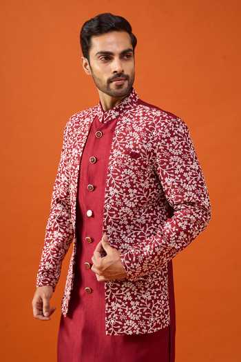 Shop Arihant Rai Sinha Maroon Silk, Viscose, Polyester Floral Embroidered Layered Sherwani Set Online at Aza Fashions Shop_Arihant Rai Sinha_Maroon Silk, Viscose, Polyester Floral Embroidered Layered Sherwani Set _Online_at_Aza_Fashions