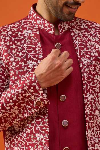 Arihant Rai Sinha Maroon Silk, Viscose, Polyester Floral Embroidered Layered Sherwani Set at Aza Fashions Arihant Rai Sinha_Maroon Silk, Viscose, Polyester Floral Embroidered Layered Sherwani Set _at_Aza_Fashions