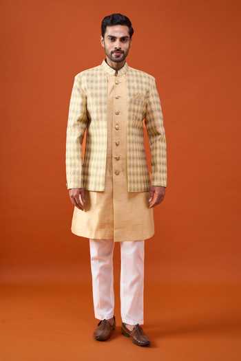 Arihant Rai Sinha Gold Silk, Jacquard, Polyester, Self Geometric Pattern Layered Sherwani Set Online at Aza Fashions Arihant Rai Sinha_Gold Silk, Jacquard, Polyester, Self Geometric Pattern Layered Sherwani Set _Online_at_Aza_Fashions