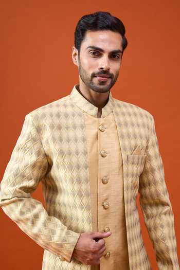 Buy Arihant Rai Sinha Gold Silk, Jacquard, Polyester, Self Geometric Pattern Layered Sherwani Set Online at Aza Fashions Buy_Arihant Rai Sinha_Gold Silk, Jacquard, Polyester, Self Geometric Pattern Layered Sherwani Set _Online_at_Aza_Fashions