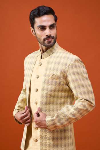 Shop Arihant Rai Sinha Gold Silk, Jacquard, Polyester, Self Geometric Pattern Layered Sherwani Set Online at Aza Fashions Shop_Arihant Rai Sinha_Gold Silk, Jacquard, Polyester, Self Geometric Pattern Layered Sherwani Set _Online_at_Aza_Fashions