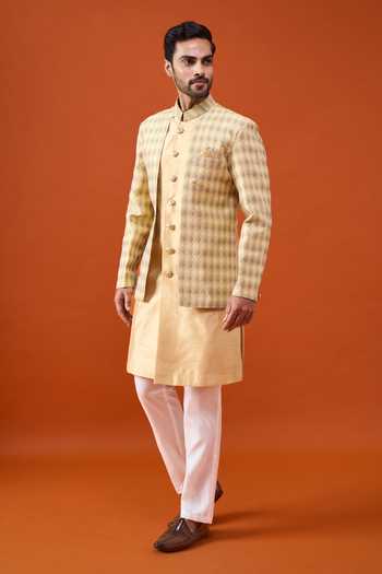 Buy Arihant Rai Sinha Gold Silk, Jacquard, Polyester, Self Geometric Pattern Layered Sherwani Set Buy_Arihant Rai Sinha_Gold Silk, Jacquard, Polyester, Self Geometric Pattern Layered Sherwani Set