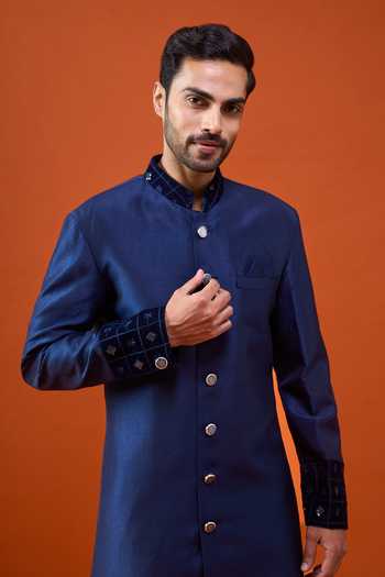 Arihant Rai Sinha Blue Silk, Viscose, Polyester Placed Embroidered Pattern Sherwani Set Online at Aza Fashions Arihant Rai Sinha_Blue Silk, Viscose, Polyester Placed Embroidered Pattern Sherwani Set _Online_at_Aza_Fashions