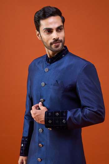 Buy Arihant Rai Sinha Blue Silk, Viscose, Polyester Placed Embroidered Pattern Sherwani Set Online at Aza Fashions Buy_Arihant Rai Sinha_Blue Silk, Viscose, Polyester Placed Embroidered Pattern Sherwani Set _Online_at_Aza_Fashions