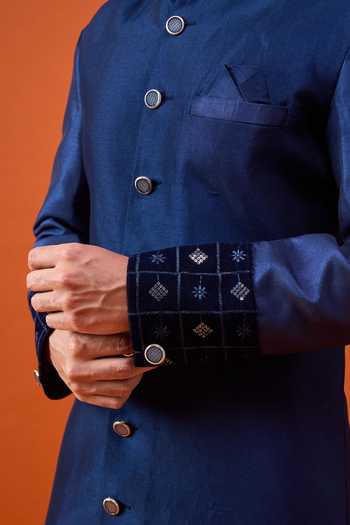 Shop Arihant Rai Sinha Blue Silk, Viscose, Polyester Placed Embroidered Pattern Sherwani Set Online at Aza Fashions Shop_Arihant Rai Sinha_Blue Silk, Viscose, Polyester Placed Embroidered Pattern Sherwani Set _Online_at_Aza_Fashions