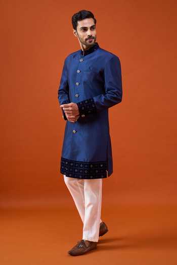 Arihant Rai Sinha Blue Silk, Viscose, Polyester Placed Embroidered Pattern Sherwani Set at Aza Fashions Arihant Rai Sinha_Blue Silk, Viscose, Polyester Placed Embroidered Pattern Sherwani Set _at_Aza_Fashions