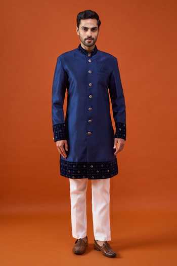 Buy Arihant Rai Sinha Blue Silk, Viscose, Polyester Placed Embroidered Pattern Sherwani Set Buy_Arihant Rai Sinha_Blue Silk, Viscose, Polyester Placed Embroidered Pattern Sherwani Set