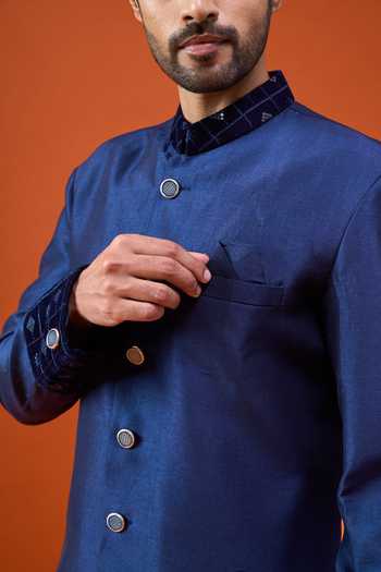 Shop Arihant Rai Sinha Blue Silk, Viscose, Polyester Placed Embroidered Pattern Sherwani Set Shop_Arihant Rai Sinha_Blue Silk, Viscose, Polyester Placed Embroidered Pattern Sherwani Set