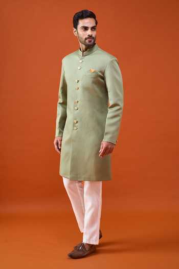 Arihant Rai Sinha_Green Terrycloth, Rayon, Viscose, Polyester Plain Sherwani And Trouser Set _Online_at_Aza_Fashions