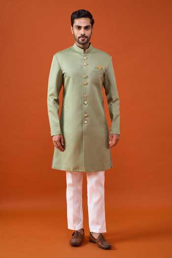 Buy_Arihant Rai Sinha_Green Terrycloth, Rayon, Viscose, Polyester Plain Sherwani And Trouser Set _Online_at_Aza_Fashions