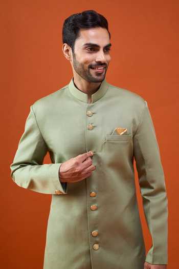 Shop_Arihant Rai Sinha_Green Terrycloth, Rayon, Viscose, Polyester Plain Sherwani And Trouser Set _Online_at_Aza_Fashions