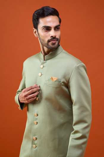 Arihant Rai Sinha_Green Terrycloth, Rayon, Viscose, Polyester Plain Sherwani And Trouser Set _at_Aza_Fashions