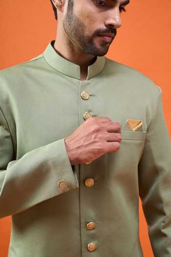 Buy_Arihant Rai Sinha_Green Terrycloth, Rayon, Viscose, Polyester Plain Sherwani And Trouser Set 
