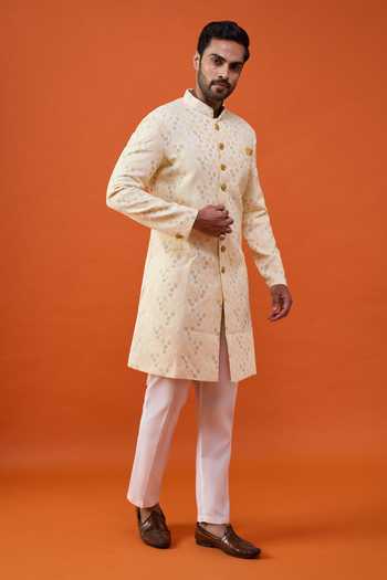 Arihant Rai Sinha_Yellow Brocade, Viscose, Polyester Sequin Embroidered Sherwani Set _Online_at_Aza_Fashions