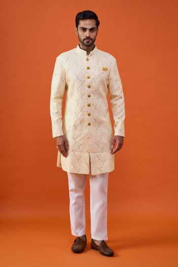 Buy_Arihant Rai Sinha_Yellow Brocade, Viscose, Polyester Sequin Embroidered Sherwani Set _Online_at_Aza_Fashions