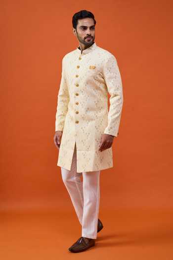Shop_Arihant Rai Sinha_Yellow Brocade, Viscose, Polyester Sequin Embroidered Sherwani Set _Online_at_Aza_Fashions