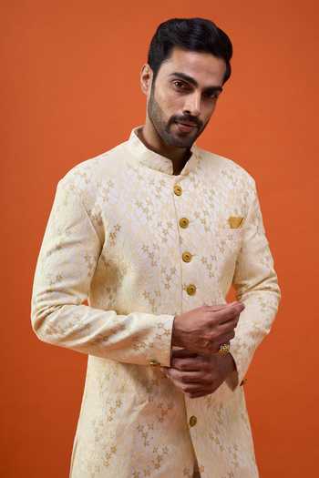 Arihant Rai Sinha_Yellow Brocade, Viscose, Polyester Sequin Embroidered Sherwani Set _at_Aza_Fashions