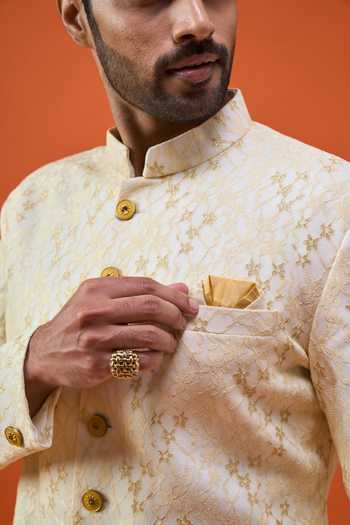Shop_Arihant Rai Sinha_Yellow Brocade, Viscose, Polyester Sequin Embroidered Sherwani Set 