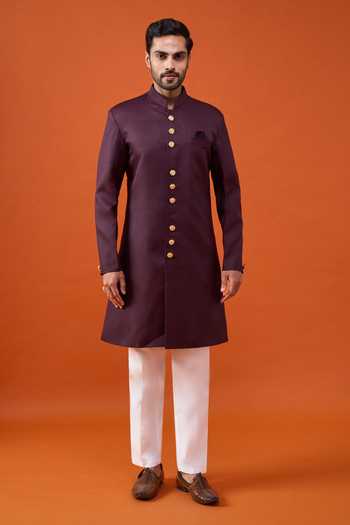 Arihant Rai Sinha_Wine Rayon, Terrycloth, Viscose, Polyester Carved Buttoned Sherwani Set _Online_at_Aza_Fashions