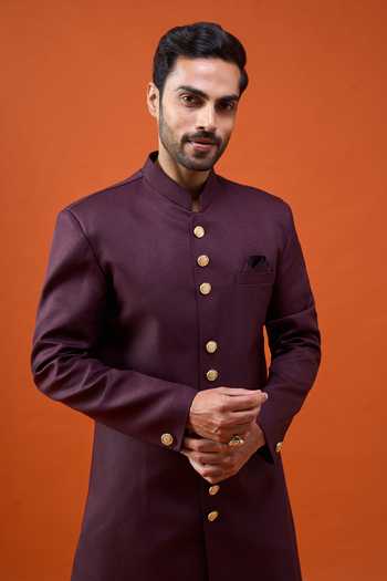 Buy_Arihant Rai Sinha_Wine Rayon, Terrycloth, Viscose, Polyester Carved Buttoned Sherwani Set _Online_at_Aza_Fashions