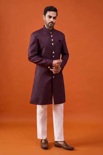 Shop_Arihant Rai Sinha_Wine Rayon, Terrycloth, Viscose, Polyester Carved Buttoned Sherwani Set _Online_at_Aza_Fashions