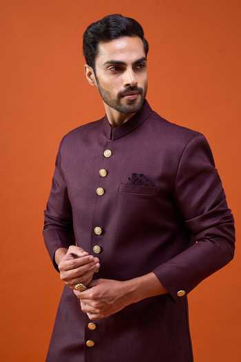 Arihant Rai Sinha_Wine Rayon, Terrycloth, Viscose, Polyester Carved Buttoned Sherwani Set _at_Aza_Fashions