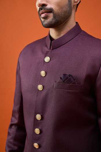 Buy_Arihant Rai Sinha_Wine Rayon, Terrycloth, Viscose, Polyester Carved Buttoned Sherwani Set 