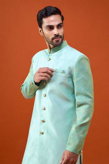 Arihant Rai Sinha_Green Silk, Jacquard, Viscose, Polyester Woven Pattern Sleeve Sherwani Set _Online_at_Aza_Fashions
