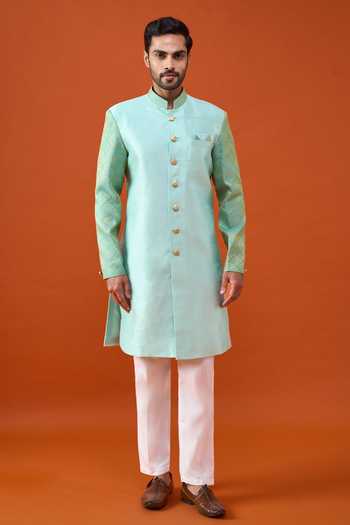 Buy_Arihant Rai Sinha_Green Silk, Jacquard, Viscose, Polyester Woven Pattern Sleeve Sherwani Set _Online_at_Aza_Fashions