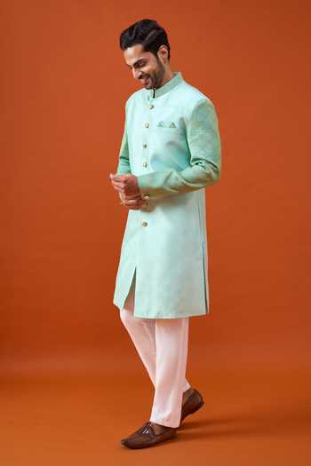 Shop_Arihant Rai Sinha_Green Silk, Jacquard, Viscose, Polyester Woven Pattern Sleeve Sherwani Set _Online_at_Aza_Fashions