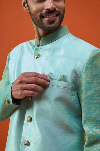 Arihant Rai Sinha_Green Silk, Jacquard, Viscose, Polyester Woven Pattern Sleeve Sherwani Set _at_Aza_Fashions