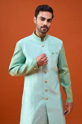 Buy_Arihant Rai Sinha_Green Silk, Jacquard, Viscose, Polyester Woven Pattern Sleeve Sherwani Set 