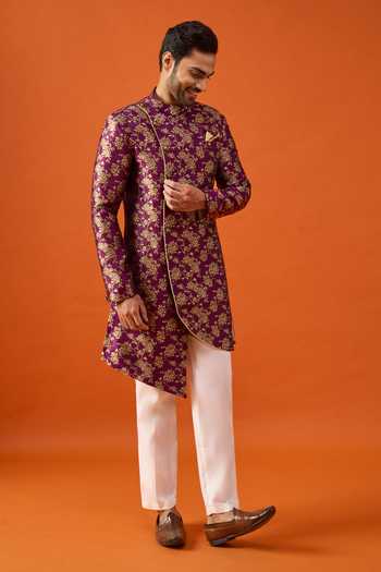 Arihant Rai Sinha_Purple Brocade, Viscose, Polyester Floral Pattern Asymmetric Sherwani Set _Online_at_Aza_Fashions