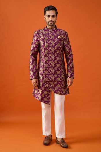 Buy_Arihant Rai Sinha_Purple Brocade, Viscose, Polyester Floral Pattern Asymmetric Sherwani Set _Online_at_Aza_Fashions