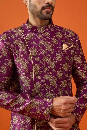 Shop_Arihant Rai Sinha_Purple Brocade, Viscose, Polyester Floral Pattern Asymmetric Sherwani Set _Online_at_Aza_Fashions