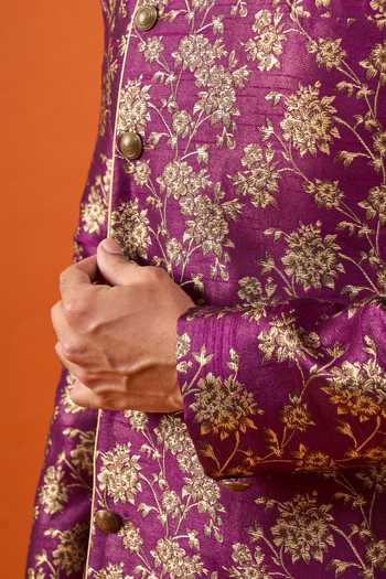 Arihant Rai Sinha_Purple Brocade, Viscose, Polyester Floral Pattern Asymmetric Sherwani Set _at_Aza_Fashions