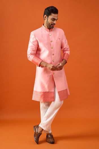 Arihant Rai Sinha_Pink Silk, Jacquard, Polyester, Viscose Placed Floral Pattern Sherwani Set _Online_at_Aza_Fashions