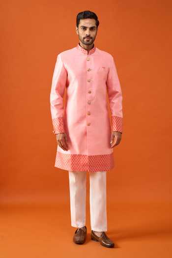 Buy_Arihant Rai Sinha_Pink Silk, Jacquard, Polyester, Viscose Placed Floral Pattern Sherwani Set _Online_at_Aza_Fashions